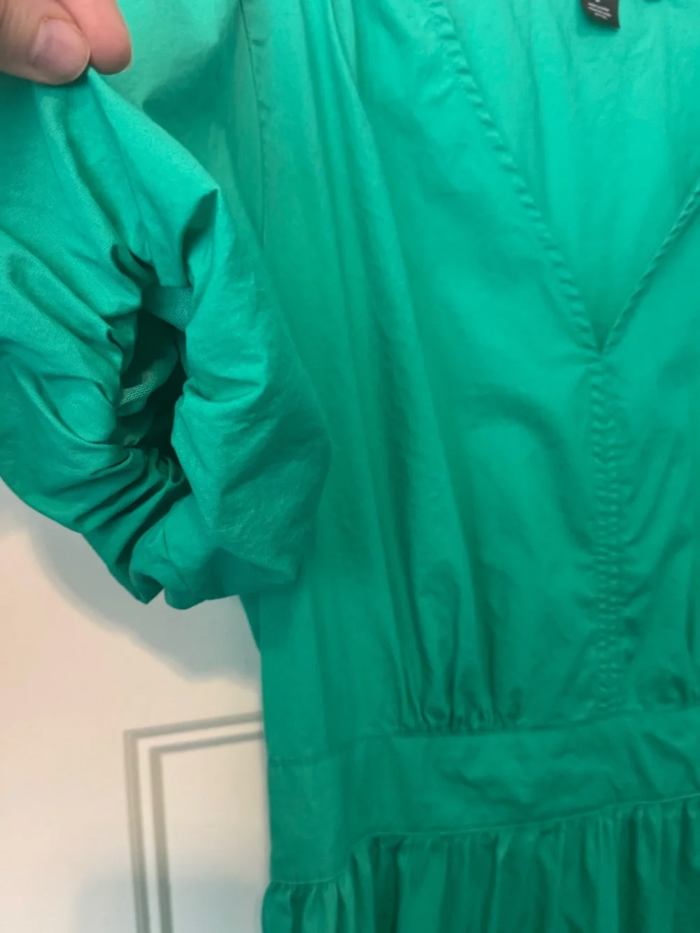 French Connection Green Cotton Puff Sleeve Tiered Midi Dress Size M